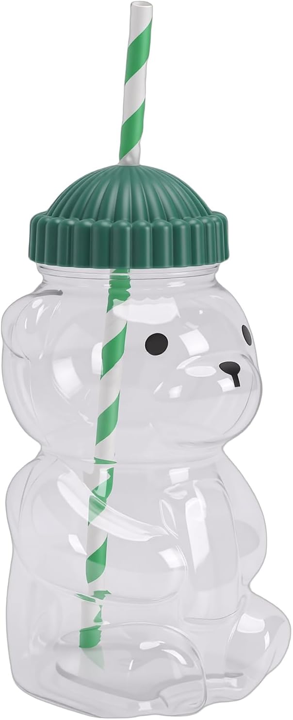 Cute 3D Bear Cup Reusable Cold Beverage Drinking Cup with Straw, Green Lid, 450ML for Iced Lattes Coffee Milk Tea