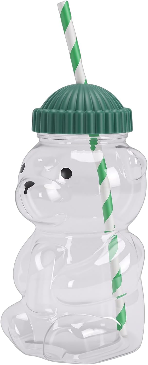 Cute 3D Bear Cup Reusable Cold Beverage Drinking Cup with Straw, Green Lid, 450ML for Iced Lattes Coffee Milk Tea