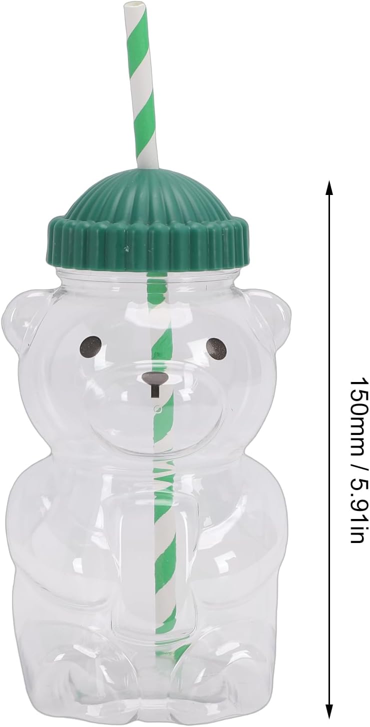 Cute 3D Bear Cup Reusable Cold Beverage Drinking Cup with Straw, Green Lid, 450ML for Iced Lattes Coffee Milk Tea