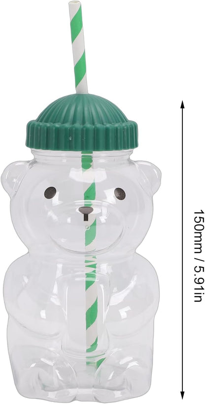 Cute 3D Bear Cup Reusable Cold Beverage Drinking Cup with Straw, Green Lid, 450ML for Iced Lattes Coffee Milk Tea