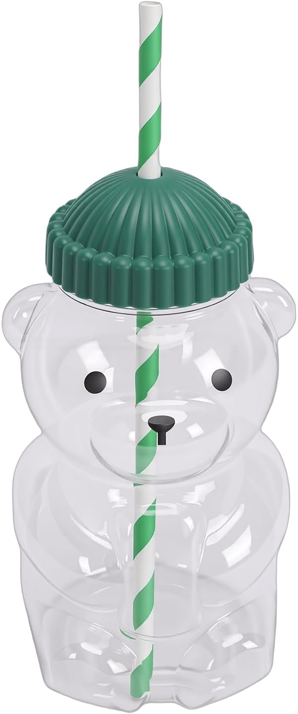Cute 3D Bear Cup Reusable Cold Beverage Drinking Cup with Straw, Green Lid, 450ML for Iced Lattes Coffee Milk Tea