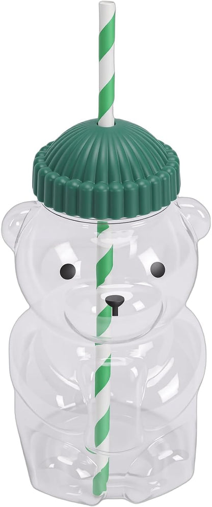 Cute 3D Bear Cup Reusable Cold Beverage Drinking Cup with Straw, Green Lid, 450ML for Iced Lattes Coffee Milk Tea