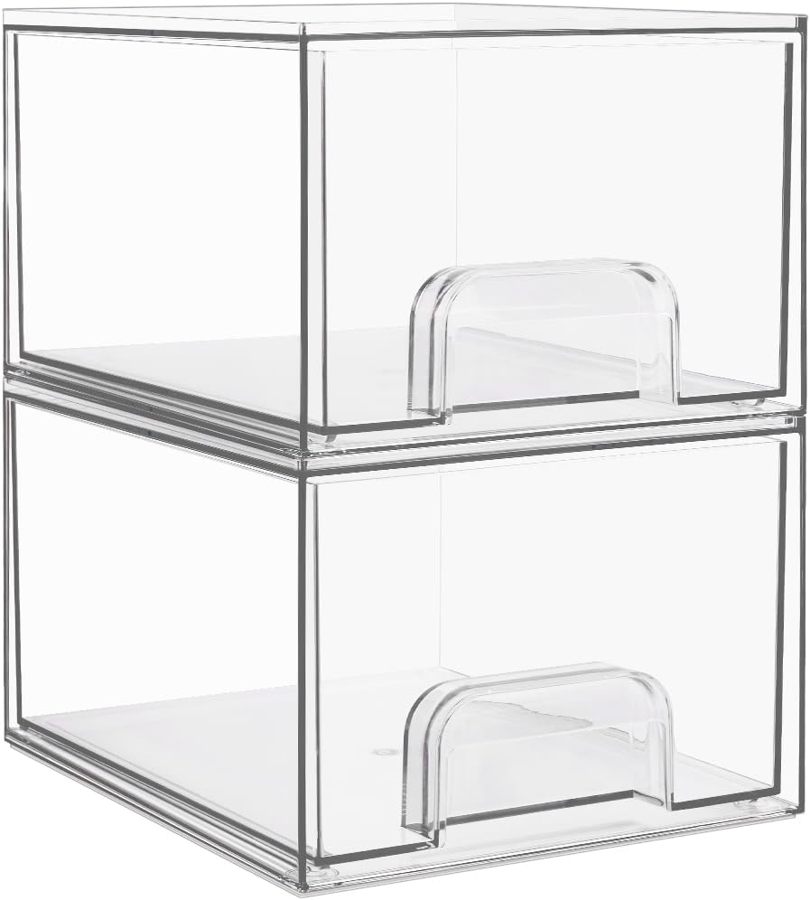 Vtopmart 2 Pack Small Clear Stackable Storage Drawers Organizer,11.2cm Tall | Acrylic Desk Organizer, Plastic Storage Boxes for Vanity, Bathroom, Kitchen Cabinets, Pantry, Offices, Under sink