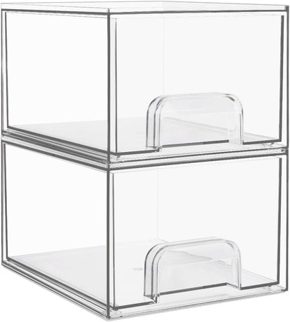 Vtopmart 2 Pack Small Clear Stackable Storage Drawers Organizer,11.2cm Tall | Acrylic Desk Organizer, Plastic Storage Boxes for Vanity, Bathroom, Kitchen Cabinets, Pantry, Offices, Under sink