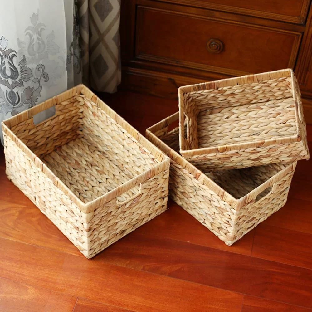 SKY-TOUCH Wicker Storage Baskets Set of 3, Handwoven Paper Rope Hanging Baskets, Large Medium Small Decorative Organizer Bins for Wall, Tabletop, Coffee Table, Cabinet, Shelf and Home Storage