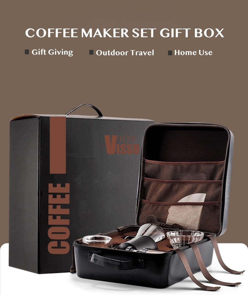 HJB VISSO Coffee Maker Set, 10 Pack V60 Pour Over Drip Coffee Set, Coffee Serving Sets, Travel Coffee Kit with Coffee Grinder, Server, Kettle, Filter, Scale & Glass Drip Funnle, Set-All in Gift Bag