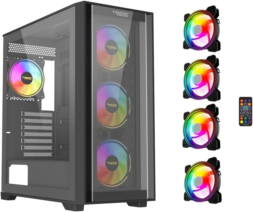 Twisted Minds Storm Rider-04 Mid Tower Gaming Case for PC, EATX/ATX/MATX/Mini-ITX Support, 3 Pre-Installed Fans, 10 Fan Capacity, Tempered Glass Side Panel, Magnetic Dust Filters - Black