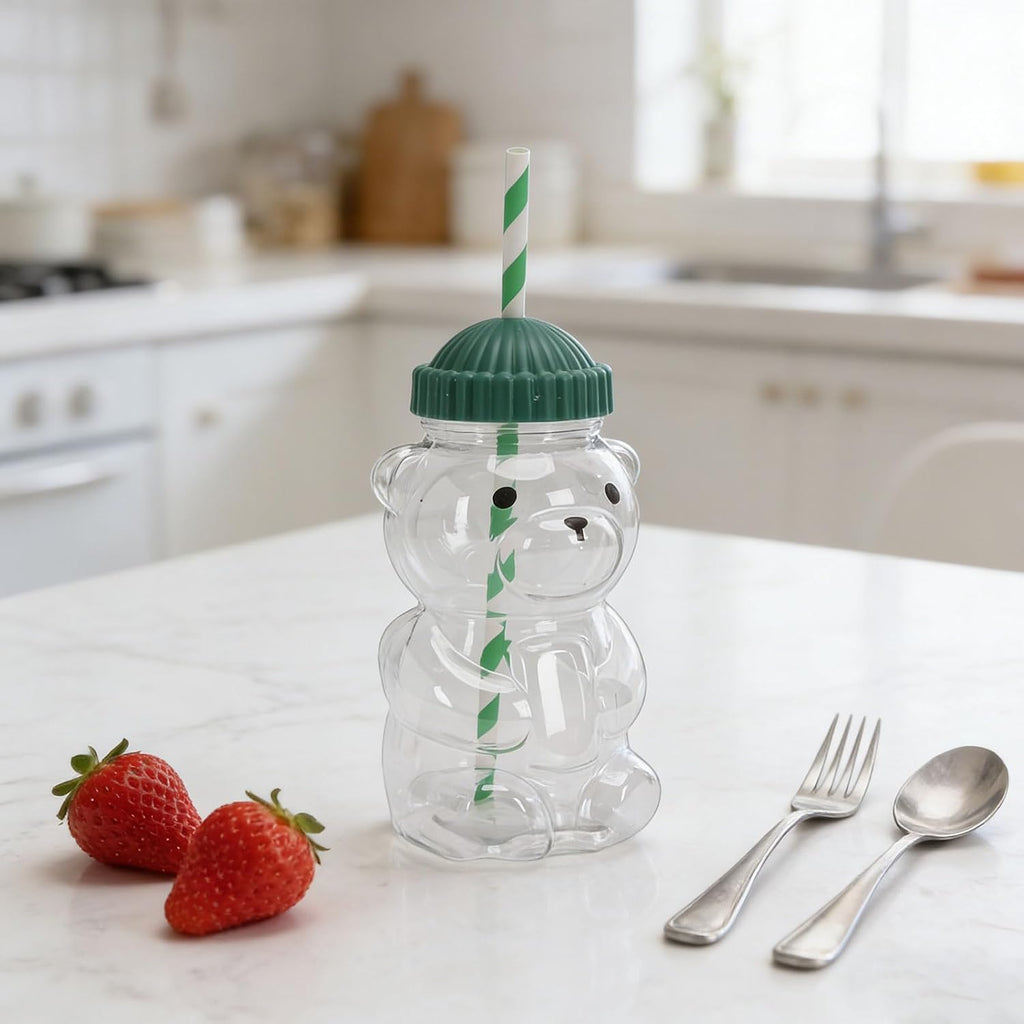 Cute 3D Bear Cup Reusable Cold Beverage Drinking Cup with Straw, Green Lid, 450ML for Iced Lattes Coffee Milk Tea