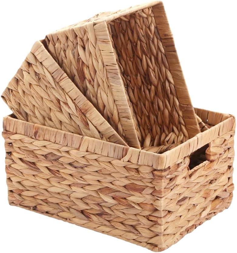 SKY-TOUCH Wicker Storage Baskets Set of 3, Handwoven Paper Rope Hanging Baskets, Large Medium Small Decorative Organizer Bins for Wall, Tabletop, Coffee Table, Cabinet, Shelf and Home Storage