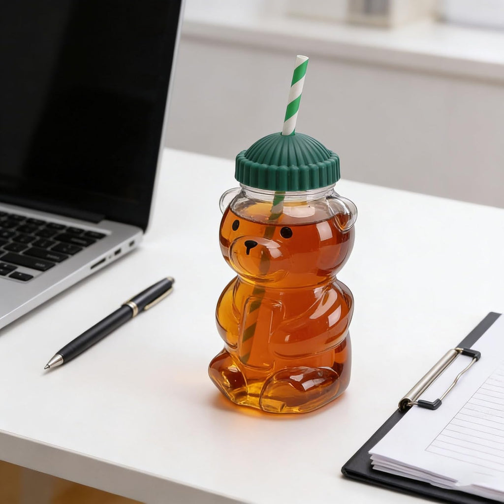Cute 3D Bear Cup Reusable Cold Beverage Drinking Cup with Straw, Green Lid, 450ML for Iced Lattes Coffee Milk Tea