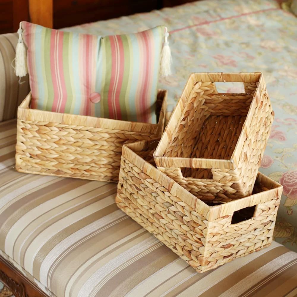 SKY-TOUCH Wicker Storage Baskets Set of 3, Handwoven Paper Rope Hanging Baskets, Large Medium Small Decorative Organizer Bins for Wall, Tabletop, Coffee Table, Cabinet, Shelf and Home Storage