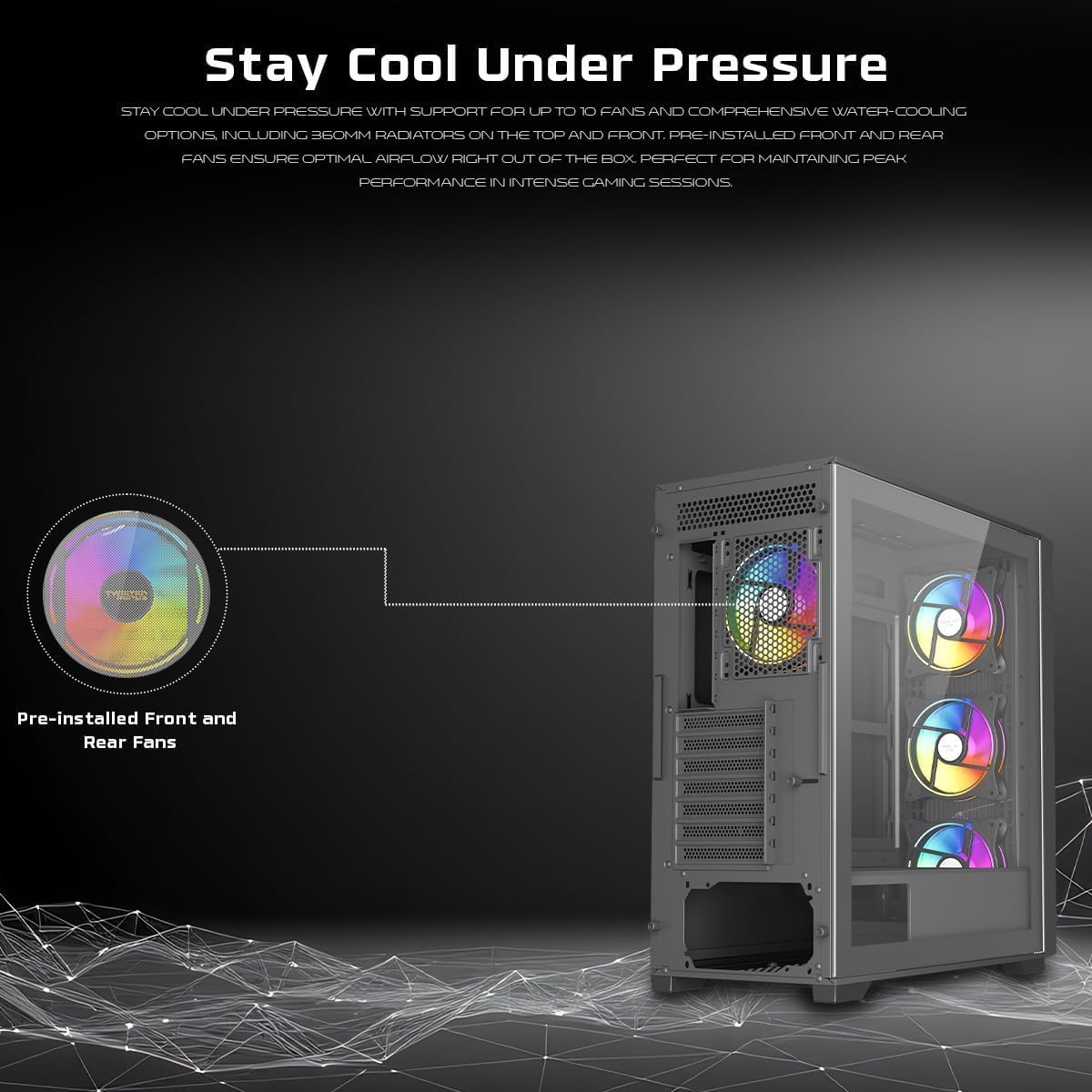 Twisted Minds Storm Rider-04 Mid Tower Gaming Case for PC, EATX/ATX/MATX/Mini-ITX Support, 3 Pre-Installed Fans, 10 Fan Capacity, Tempered Glass Side Panel, Magnetic Dust Filters - Black