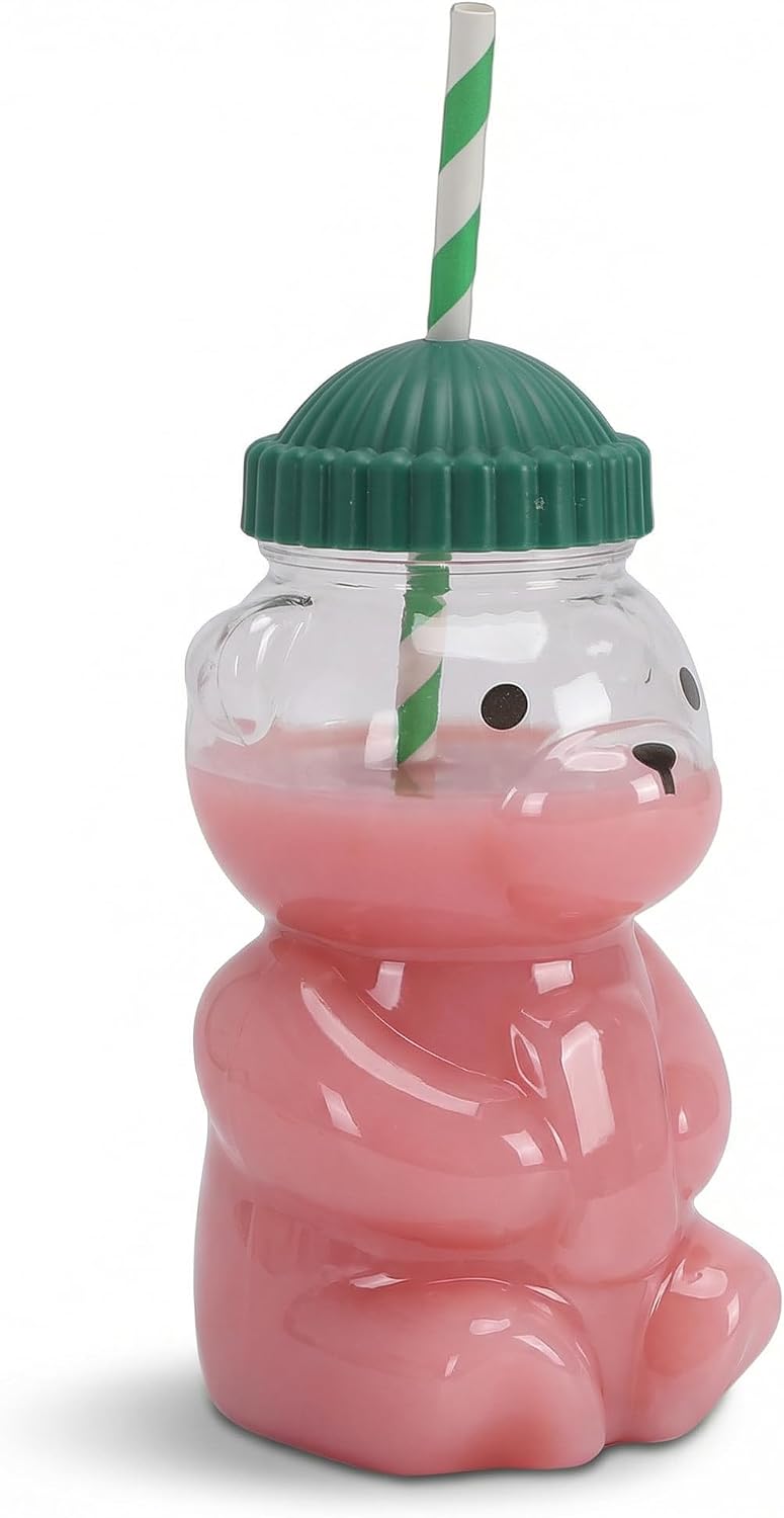 Cute 3D Bear Cup Reusable Cold Beverage Drinking Cup with Straw, Green Lid, 450ML for Iced Lattes Coffee Milk Tea