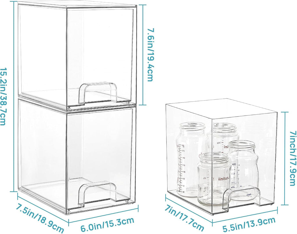Vtopmart 2 Pack Small Clear Stackable Storage Drawers Organizer,11.2cm Tall | Acrylic Desk Organizer, Plastic Storage Boxes for Vanity, Bathroom, Kitchen Cabinets, Pantry, Offices, Under sink