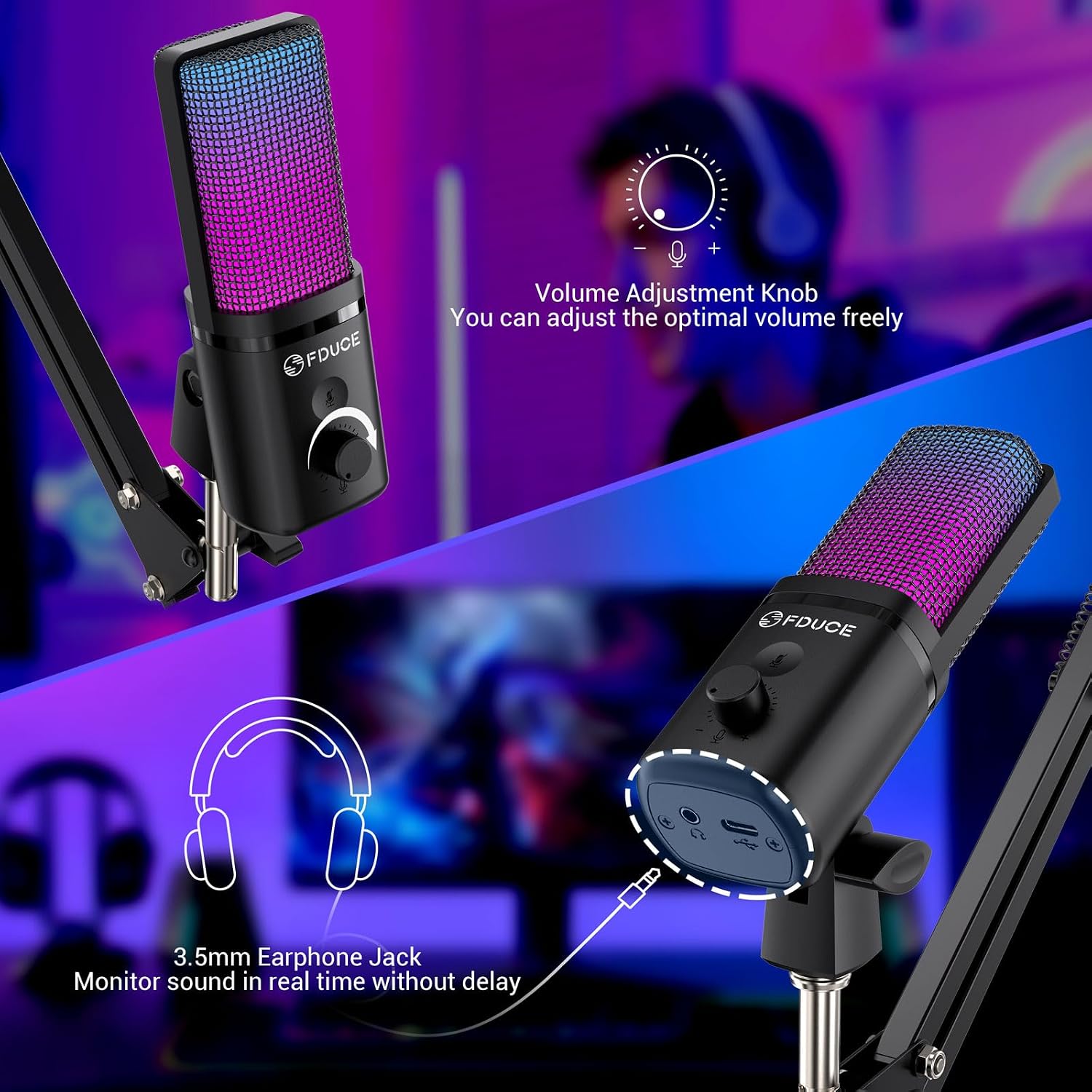 FDUCE Gaming USB Microphone for PC,RGB Condenser Computer Mic with Tripod Stand,Quick Mute,Gain Control,Cardioid Mic for Streaming, Podcast, Twitch, YouTube, PC, Computer, PS5, (M160)