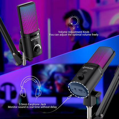 FDUCE Gaming USB Microphone for PC,RGB Condenser Computer Mic with Tripod Stand,Quick Mute,Gain Control,Cardioid Mic for Streaming, Podcast, Twitch, YouTube, PC, Computer, PS5, (M160)