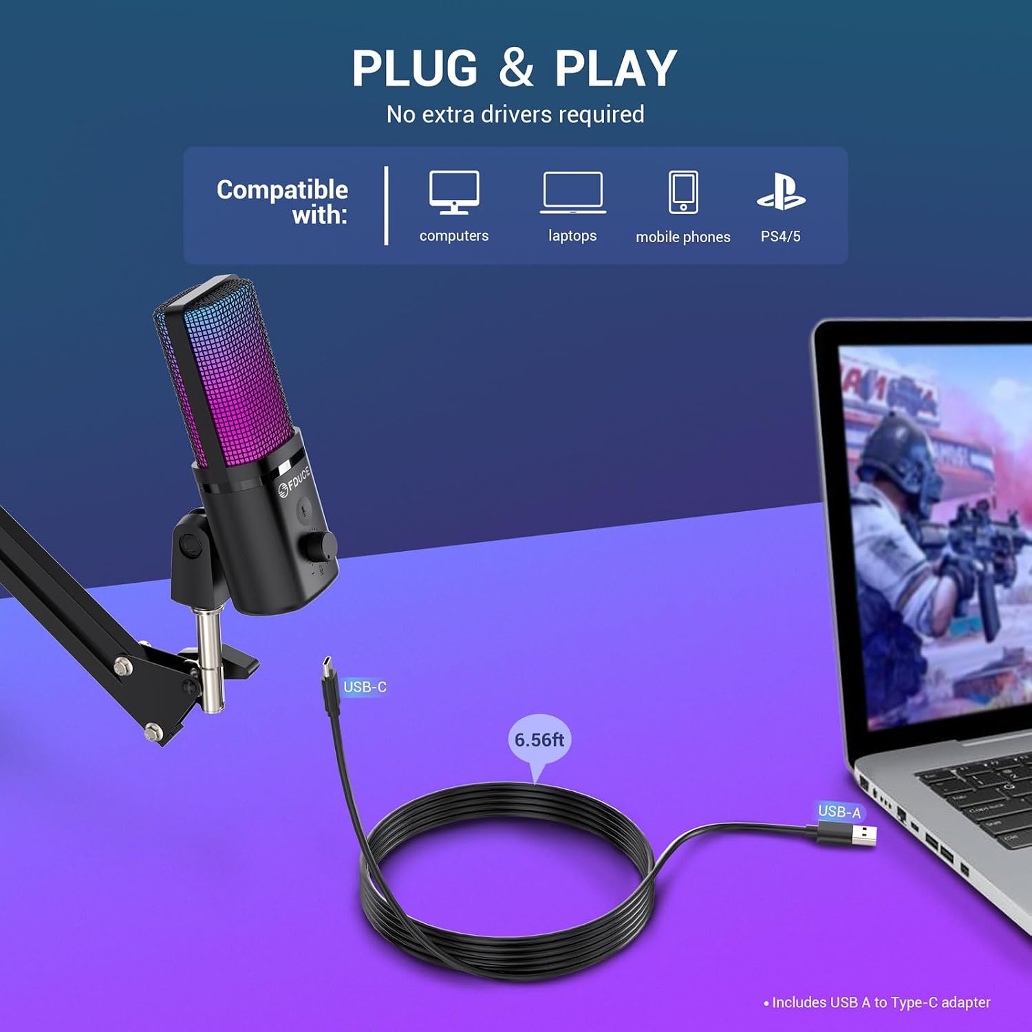 FDUCE Gaming USB Microphone for PC,RGB Condenser Computer Mic with Tripod Stand,Quick Mute,Gain Control,Cardioid Mic for Streaming, Podcast, Twitch, YouTube, PC, Computer, PS5, (M160)