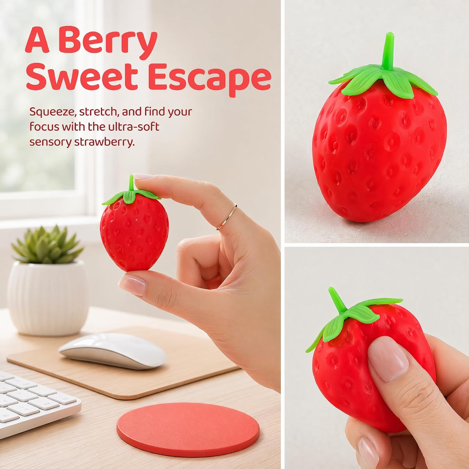 Realistic Strawberry Squeezable Toy, Slow Rise Fruit Ball for Adults, Party Favor Stress Relief & Pressure Release Toy