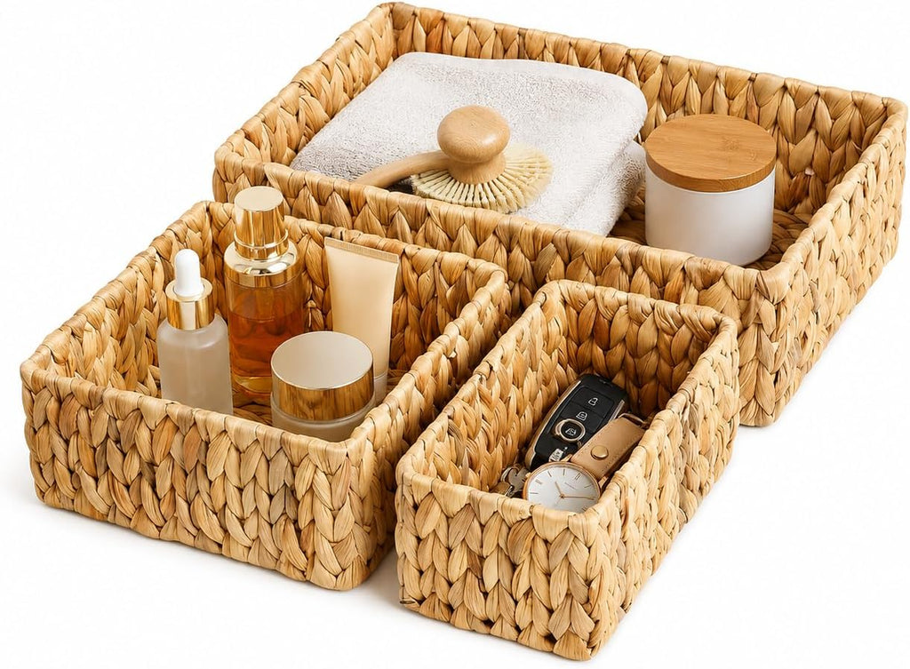 SKY-TOUCH Wicker Storage Baskets Set of 3, Handwoven Paper Rope Hanging Baskets, Large Medium Small Decorative Organizer Bins for Wall, Tabletop, Coffee Table, Cabinet, Shelf and Home Storage