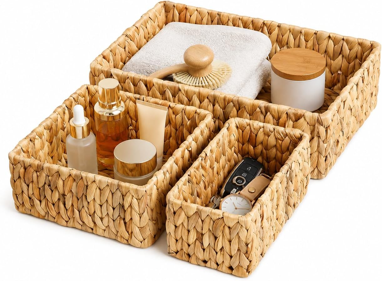 SKY-TOUCH Wicker Storage Baskets Set of 3, Handwoven Paper Rope Hanging Baskets, Large Medium Small Decorative Organizer Bins for Wall, Tabletop, Coffee Table, Cabinet, Shelf and Home Storage
