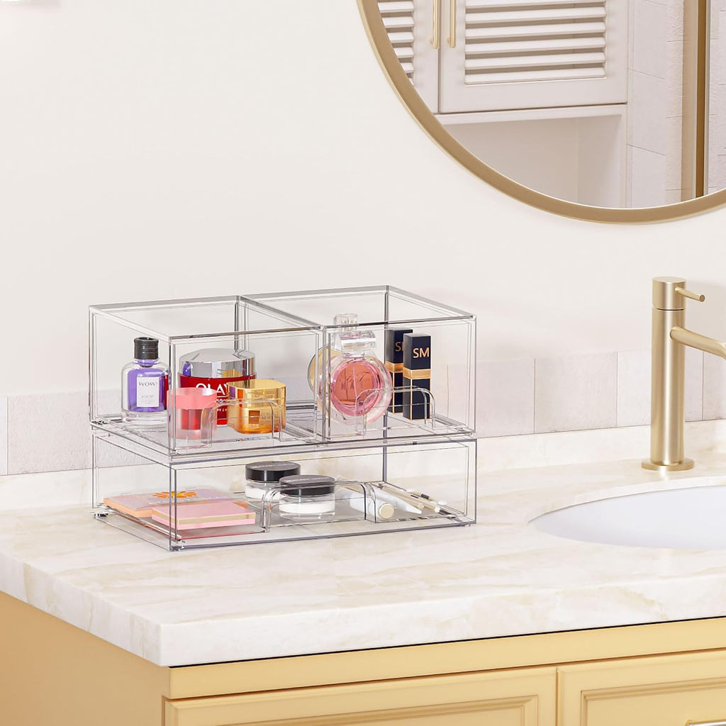 Vtopmart 2 Pack Small Clear Stackable Storage Drawers Organizer,11.2cm Tall | Acrylic Desk Organizer, Plastic Storage Boxes for Vanity, Bathroom, Kitchen Cabinets, Pantry, Offices, Under sink