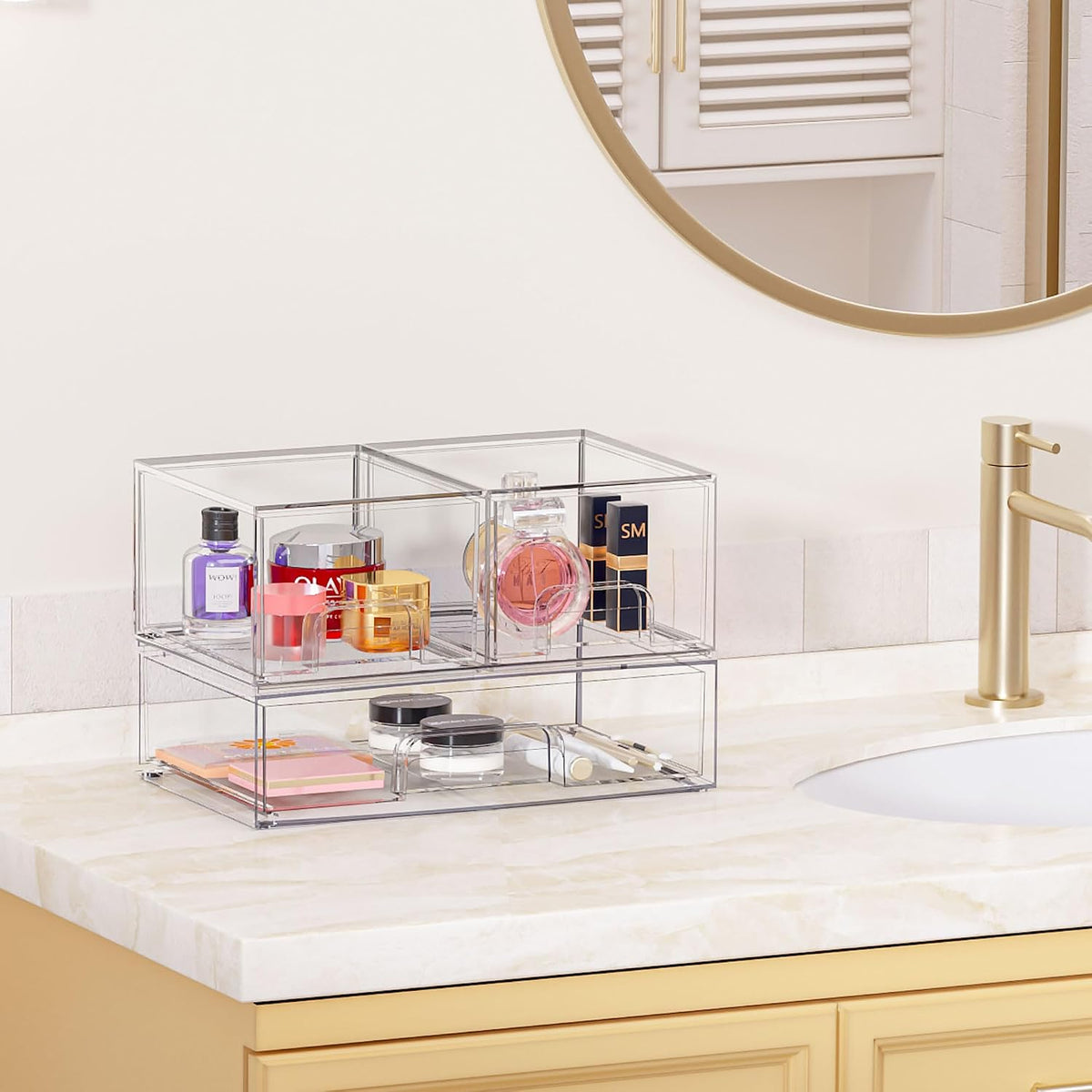 Vtopmart 2 Pack Small Clear Stackable Storage Drawers Organizer,11.2cm Tall | Acrylic Desk Organizer, Plastic Storage Boxes for Vanity, Bathroom, Kitchen Cabinets, Pantry, Offices, Under sink