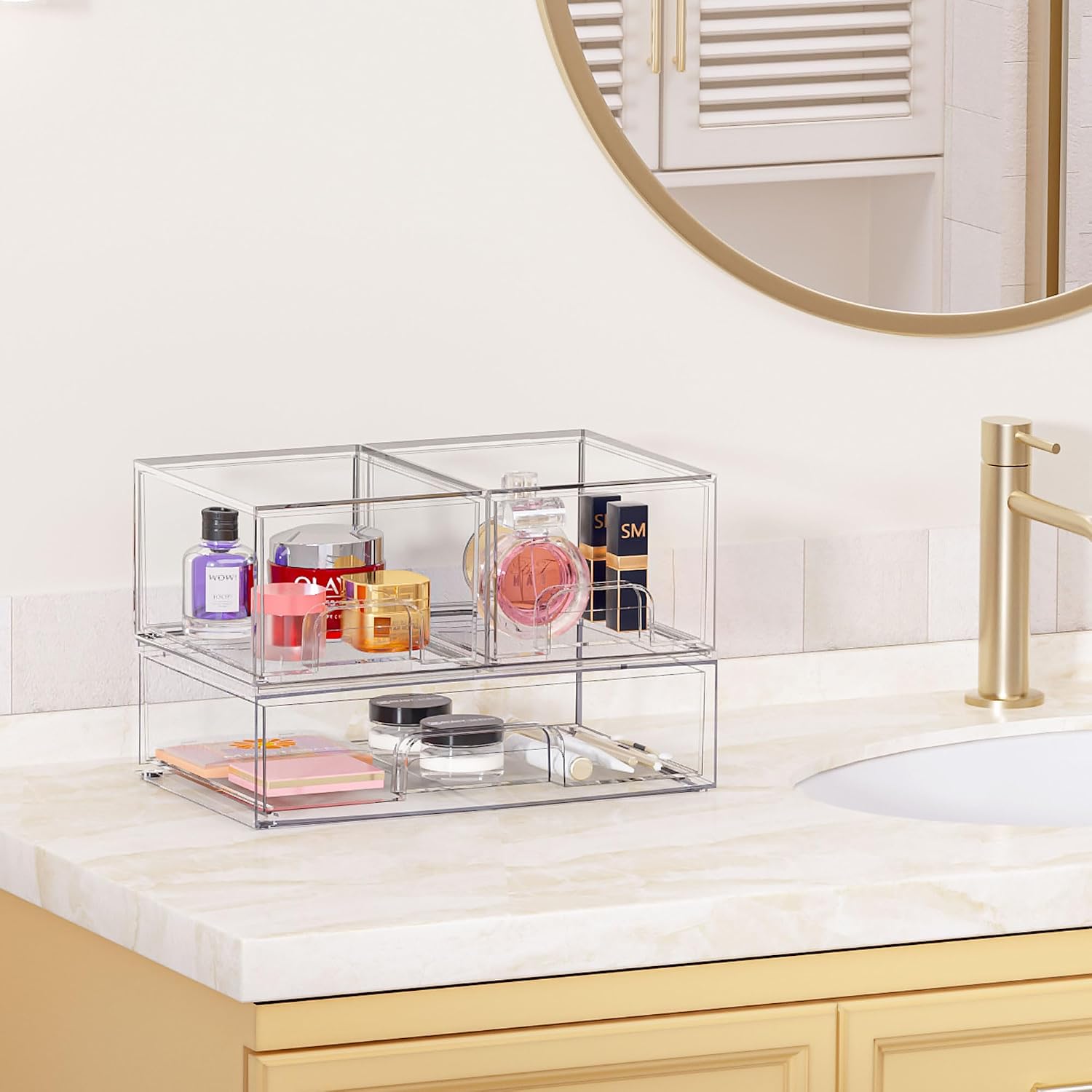 Vtopmart 2 Pack Small Clear Stackable Storage Drawers Organizer,11.2cm Tall | Acrylic Desk Organizer, Plastic Storage Boxes for Vanity, Bathroom, Kitchen Cabinets, Pantry, Offices, Under sink
