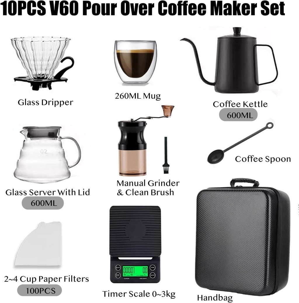 HJB VISSO Coffee Maker Set, 10 Pack V60 Pour Over Drip Coffee Set, Coffee Serving Sets, Travel Coffee Kit with Coffee Grinder, Server, Kettle, Filter, Scale & Glass Drip Funnle, Set-All in Gift Bag