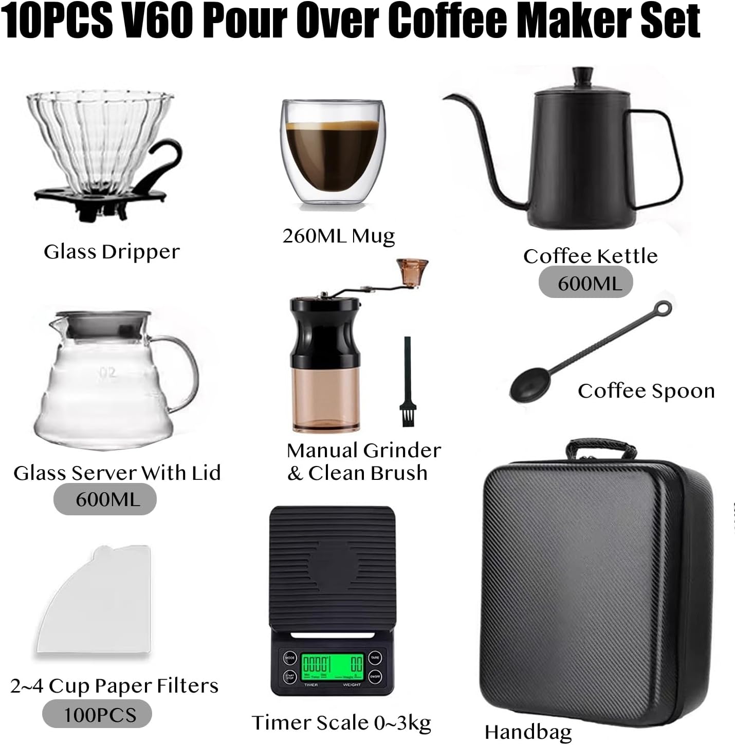 HJB VISSO Coffee Maker Set, 10 Pack V60 Pour Over Drip Coffee Set, Coffee Serving Sets, Travel Coffee Kit with Coffee Grinder, Server, Kettle, Filter, Scale & Glass Drip Funnle, Set-All in Gift Bag