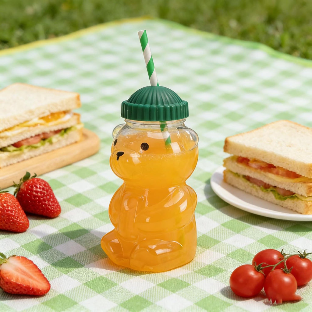Cute 3D Bear Cup Reusable Cold Beverage Drinking Cup with Straw, Green Lid, 450ML for Iced Lattes Coffee Milk Tea
