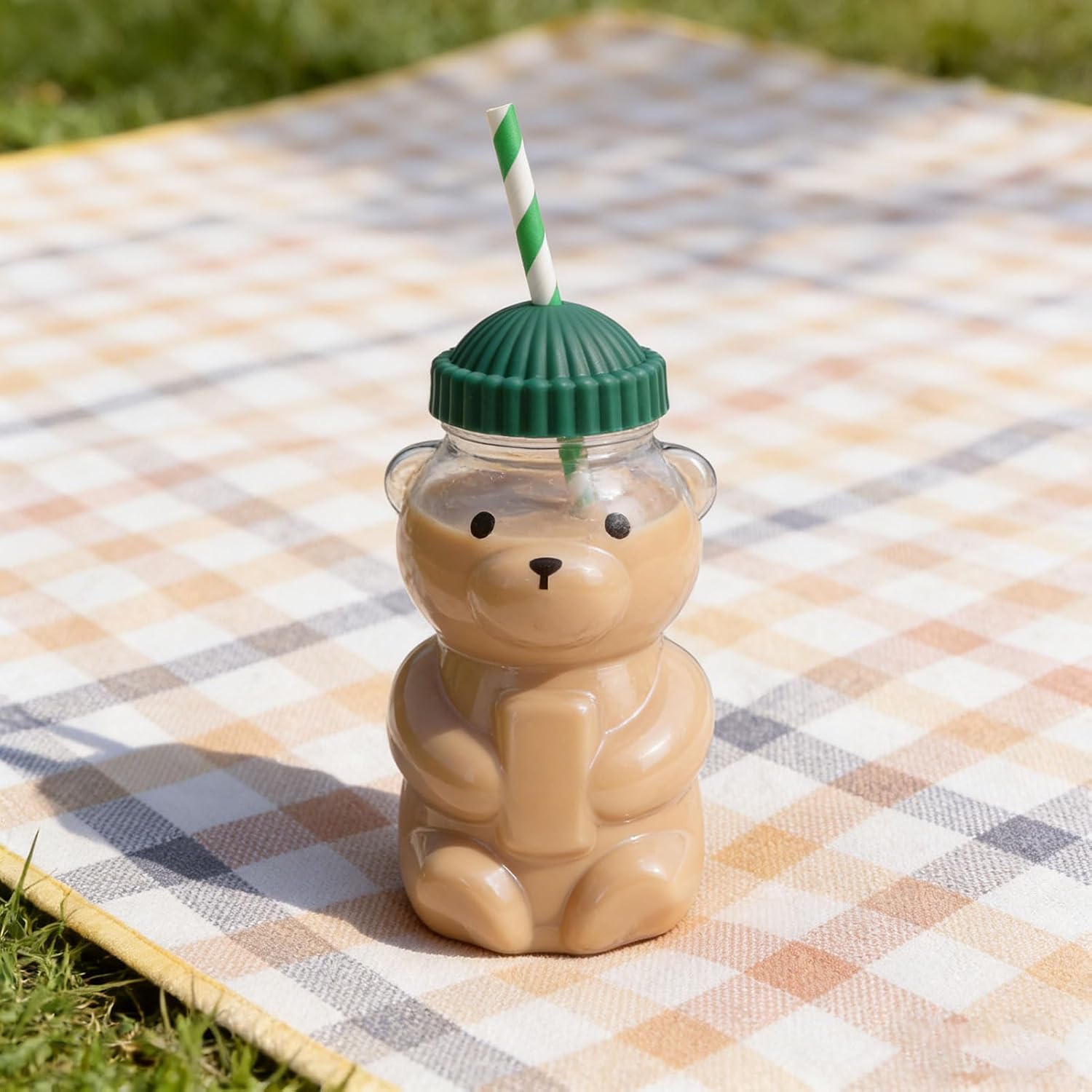 Cute 3D Bear Cup Reusable Cold Beverage Drinking Cup with Straw, Green Lid, 450ML for Iced Lattes Coffee Milk Tea
