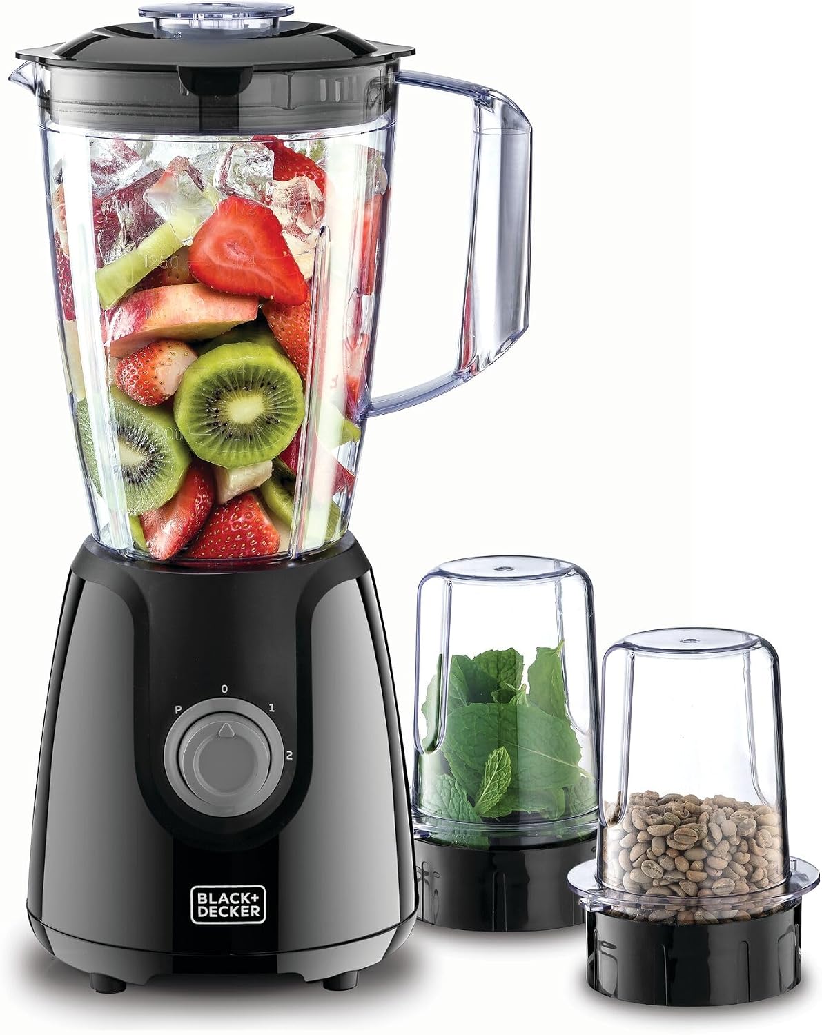 BLACK+DECKER Blender with Grinder Mills, 400W, 1.5L Jar, 2x 300ml Grinding Mills, Stainless Steel Blades, 2-Speed with Pulse Control, Perfect for Smoothies, Coffee, Herbs, and Spices, Black - BX440-B5