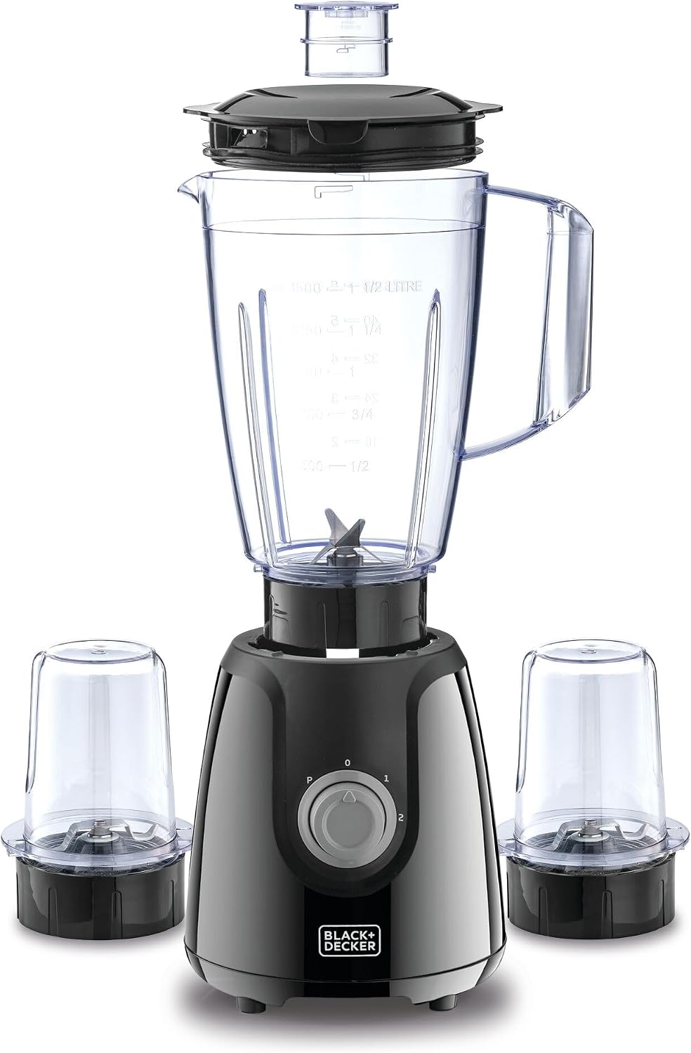 BLACK+DECKER Blender with Grinder Mills, 400W, 1.5L Jar, 2x 300ml Grinding Mills, Stainless Steel Blades, 2-Speed with Pulse Control, Perfect for Smoothies, Coffee, Herbs, and Spices, Black - BX440-B5