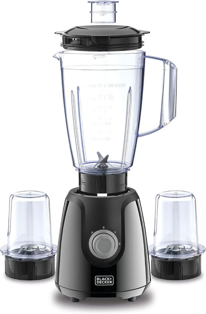 BLACK+DECKER Blender with Grinder Mills, 400W, 1.5L Jar, 2x 300ml Grinding Mills, Stainless Steel Blades, 2-Speed with Pulse Control, Perfect for Smoothies, Coffee, Herbs, and Spices, Black - BX440-B5