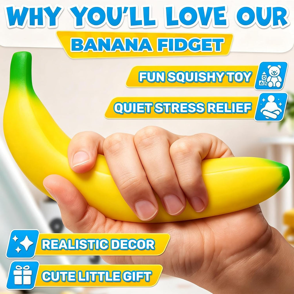 Banana Squishy Toy, Soft PU Foam Desk Accessory, Soft Squeeze Banana Stress Toy, Sensory Fidget Toy
