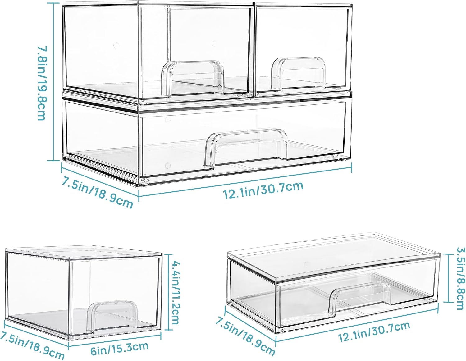 Vtopmart 2 Pack Small Clear Stackable Storage Drawers Organizer,11.2cm Tall | Acrylic Desk Organizer, Plastic Storage Boxes for Vanity, Bathroom, Kitchen Cabinets, Pantry, Offices, Under sink