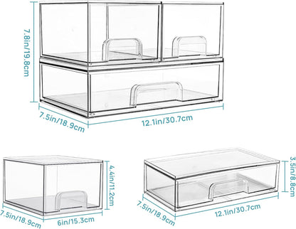Vtopmart 2 Pack Small Clear Stackable Storage Drawers Organizer,11.2cm Tall | Acrylic Desk Organizer, Plastic Storage Boxes for Vanity, Bathroom, Kitchen Cabinets, Pantry, Offices, Under sink