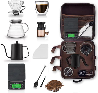 HJB VISSO Coffee Maker Set, 10 Pack V60 Pour Over Drip Coffee Set, Coffee Serving Sets, Travel Coffee Kit with Coffee Grinder, Server, Kettle, Filter, Scale &amp; Glass Drip Funnle, Set-All in Gift Bag