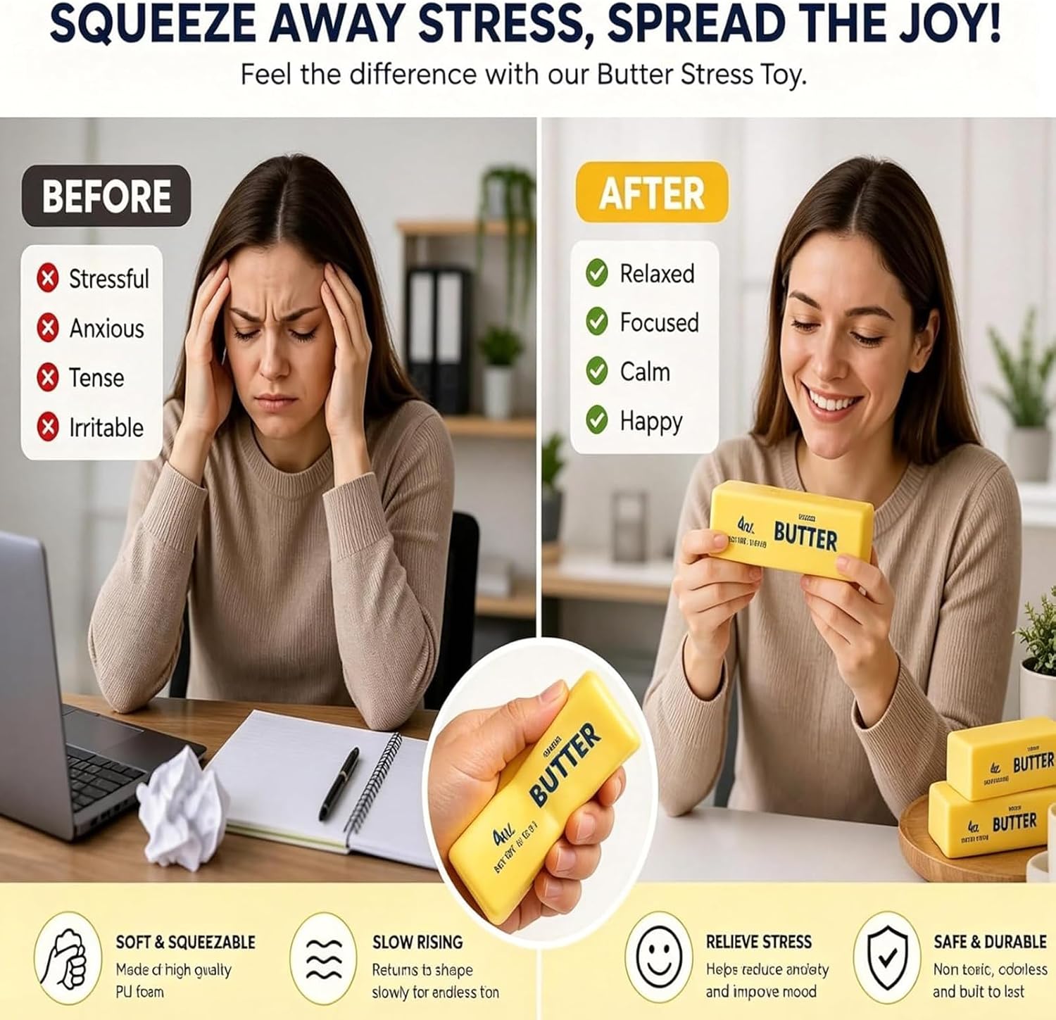 Butter Squishy, 2026 Newest Slow Rising Soft Squeeze Toy, Realistic Food Sensory Fidget Toy for Stress & Anxiety Relief, Desk Decor, Party Favors & Birthday Gifts, 2 Pack (Pink&Yellow)