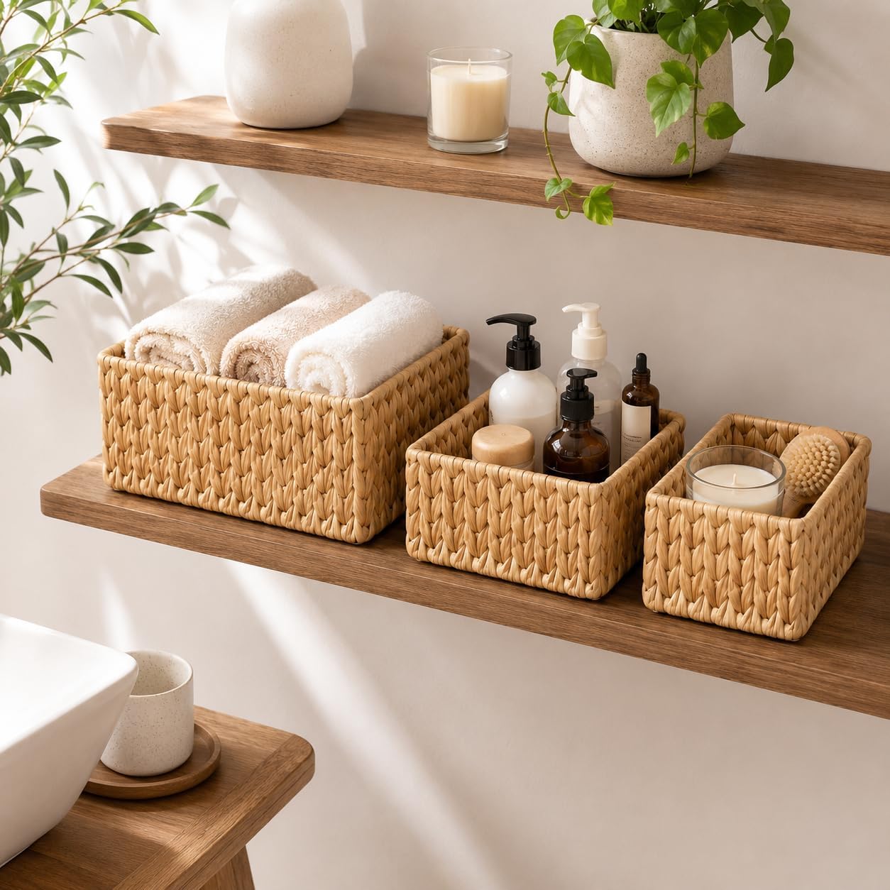 SKY-TOUCH Wicker Storage Baskets Set of 3, Handwoven Paper Rope Hanging Baskets, Large Medium Small Decorative Organizer Bins for Wall, Tabletop, Coffee Table, Cabinet, Shelf and Home Storage