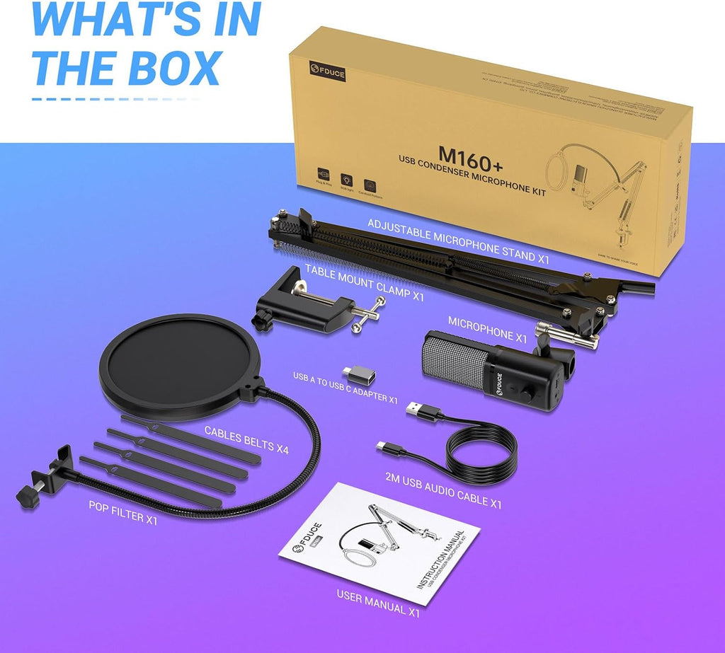 FDUCE Gaming USB Microphone for PC,RGB Condenser Computer Mic with Tripod Stand,Quick Mute,Gain Control,Cardioid Mic for Streaming, Podcast, Twitch, YouTube, PC, Computer, PS5, (M160)