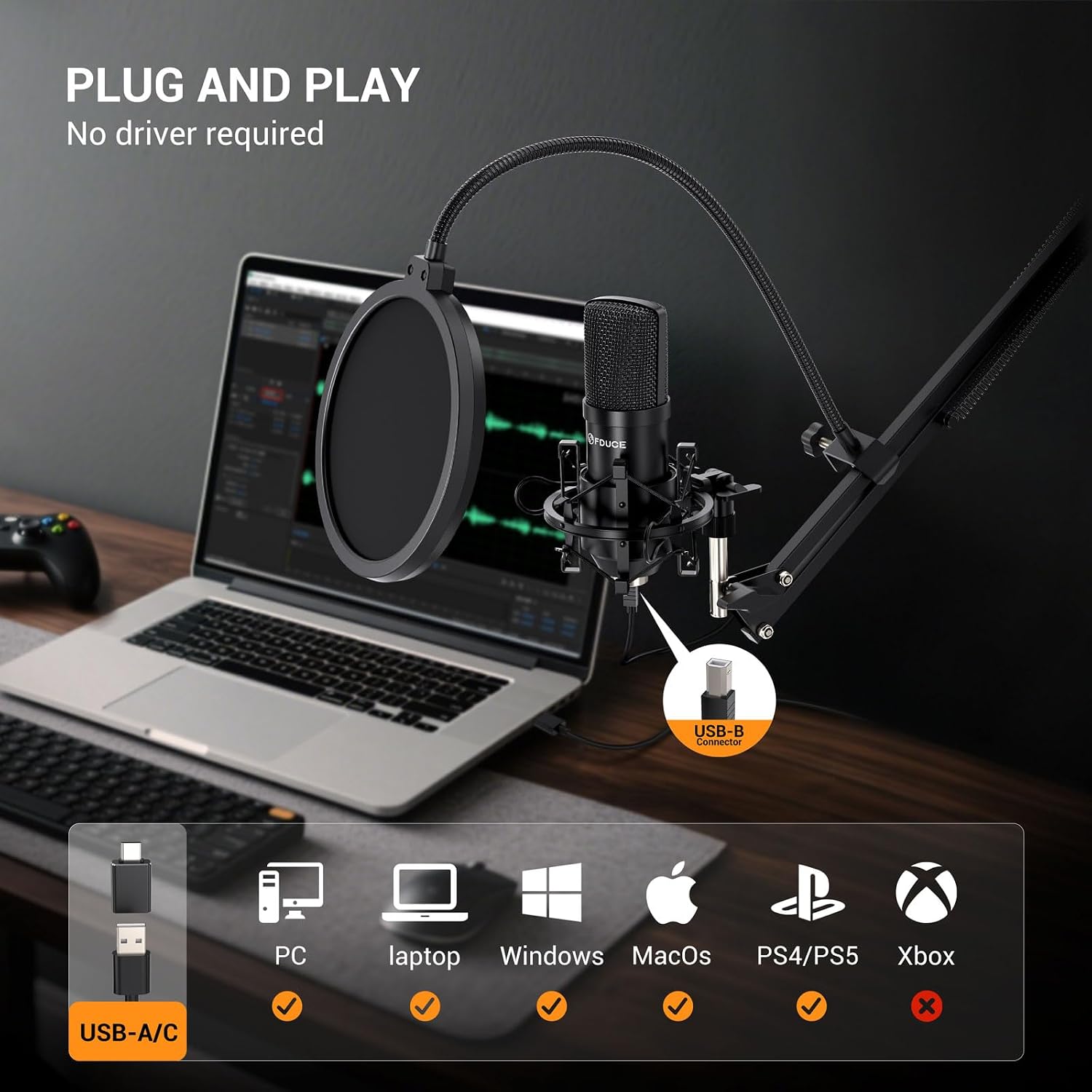 FDUCE Gaming USB Microphone for PC,RGB Condenser Computer Mic with Tripod Stand,Quick Mute,Gain Control,Cardioid Mic for Streaming, Podcast, Twitch, YouTube, PC, Computer, PS5, (M160)