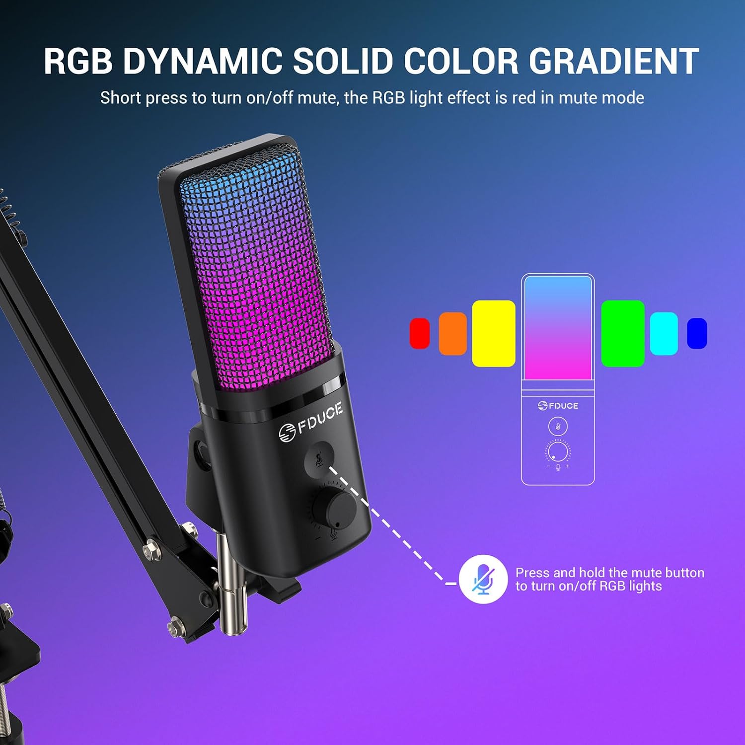 FDUCE Gaming USB Microphone for PC,RGB Condenser Computer Mic with Tripod Stand,Quick Mute,Gain Control,Cardioid Mic for Streaming, Podcast, Twitch, YouTube, PC, Computer, PS5, (M160)