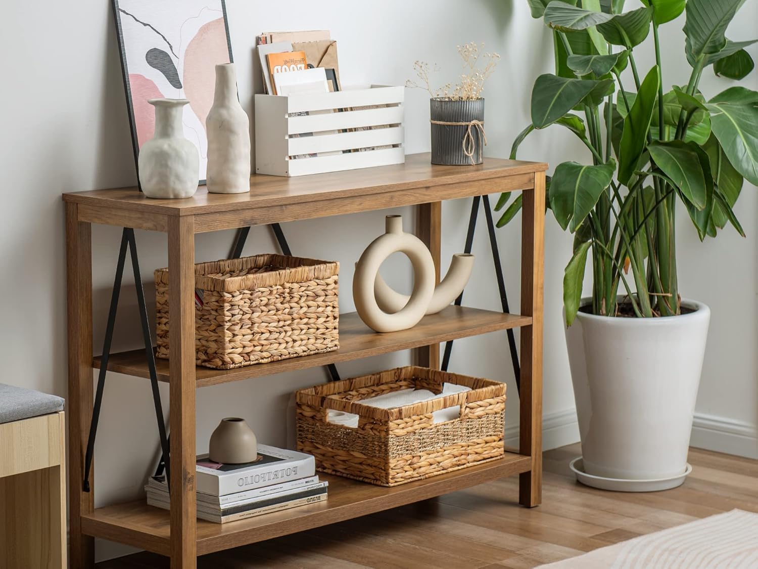 SKY-TOUCH Wicker Storage Baskets Set of 3, Handwoven Paper Rope Hanging Baskets, Large Medium Small Decorative Organizer Bins for Wall, Tabletop, Coffee Table, Cabinet, Shelf and Home Storage
