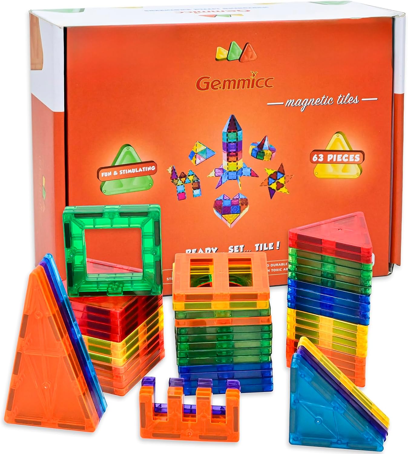 Gemmicc Magnetic Tiles Building Blocks, Magnet Toys for Kids, STEM Approved Educational Toys,3D Magnet Puzzles Stacking Blocks for Boys Girls,63 PCS Classic Set