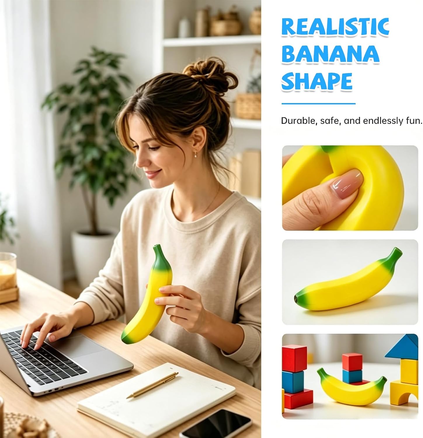 Banana Squishy Toy, Soft PU Foam Desk Accessory, Soft Squeeze Banana Stress Toy, Sensory Fidget Toy