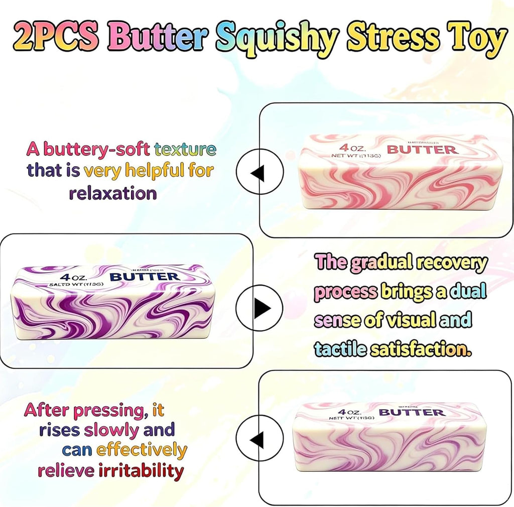 Butter Squishy, 2026 Newest Slow Rising Soft Squeeze Toy, Realistic Food Sensory Fidget Toy for Stress & Anxiety Relief, Desk Decor, Party Favors & Birthday Gifts, 2 Pack (Pink&Yellow)