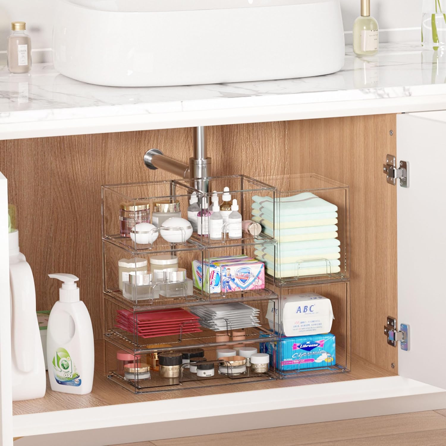 Vtopmart 2 Pack Small Clear Stackable Storage Drawers Organizer,11.2cm Tall | Acrylic Desk Organizer, Plastic Storage Boxes for Vanity, Bathroom, Kitchen Cabinets, Pantry, Offices, Under sink