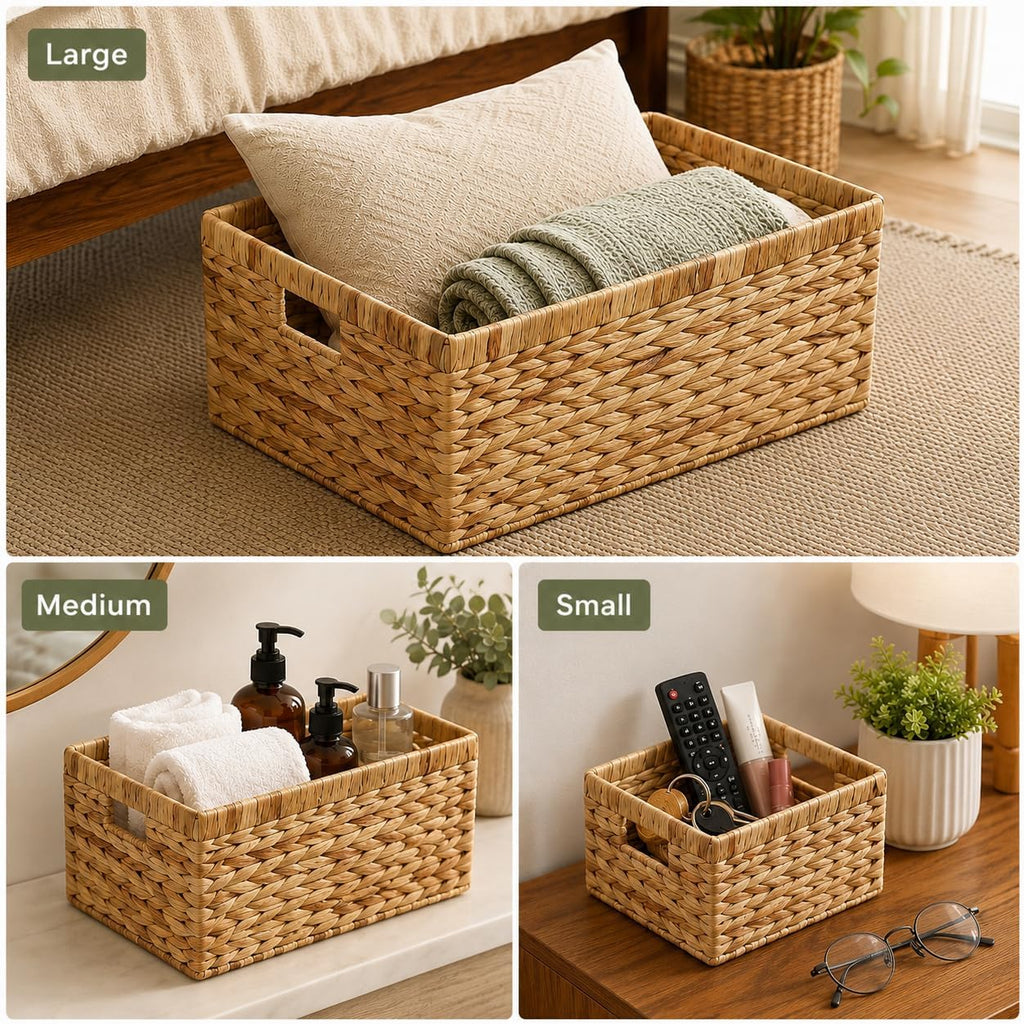 SKY-TOUCH Wicker Storage Baskets Set of 3, Handwoven Paper Rope Hanging Baskets, Large Medium Small Decorative Organizer Bins for Wall, Tabletop, Coffee Table, Cabinet, Shelf and Home Storage