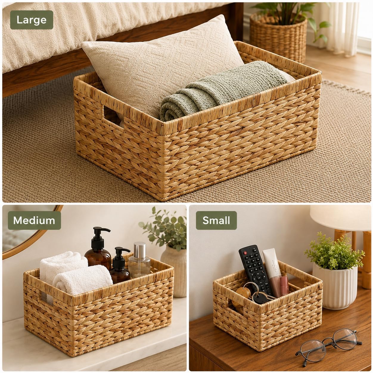 SKY-TOUCH Wicker Storage Baskets Set of 3, Handwoven Paper Rope Hanging Baskets, Large Medium Small Decorative Organizer Bins for Wall, Tabletop, Coffee Table, Cabinet, Shelf and Home Storage